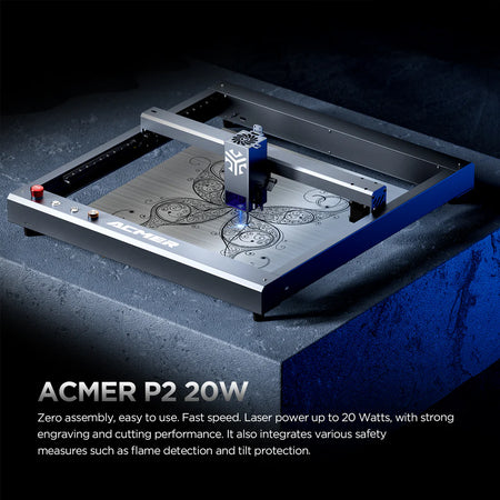 Graveur laser ACMER P2 20 W, mise au point fixe, gravure à 30 000 mm/min, assistance pneumatique automatique ultra silencieuse, précision de gravure de 0,01 mm, contrôle par application iOS Android, pré-assemblé, 420 x 400 mm