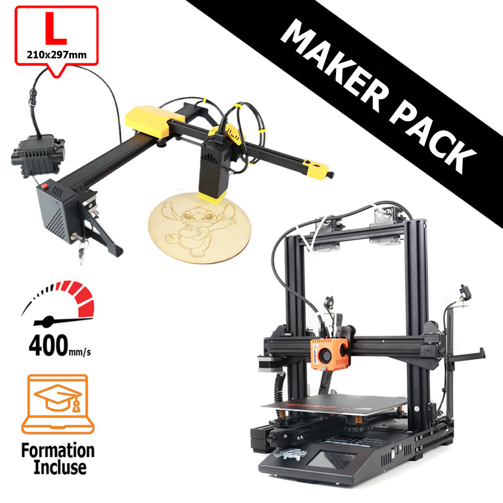 MAKER PACK D12 230 M2 PRO (couleur aux choix) + Yumi Laser L-A4 (ou L-A3) Dual Color + Pack Cadeaux Orange L-A4 ( 210x297mm)