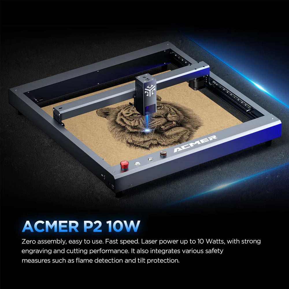 Graveur laser ACMER P2 10W, mise au point fixe, gravure à 30 000 mm/min, assistance pneumatique automatique ultra-silencieuse, précision de gravure de 0,01 mm, contrôle par application iOS Android, pré-assemblé, 420 x 400 mm