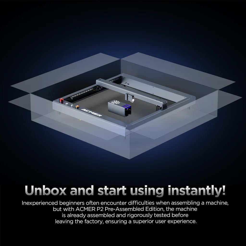 Graveur laser ACMER P2 10W, mise au point fixe, gravure à 30 000 mm/min, assistance pneumatique automatique ultra-silencieuse, précision de gravure de 0,01 mm, contrôle par application iOS Android, pré-assemblé, 420 x 400 mm