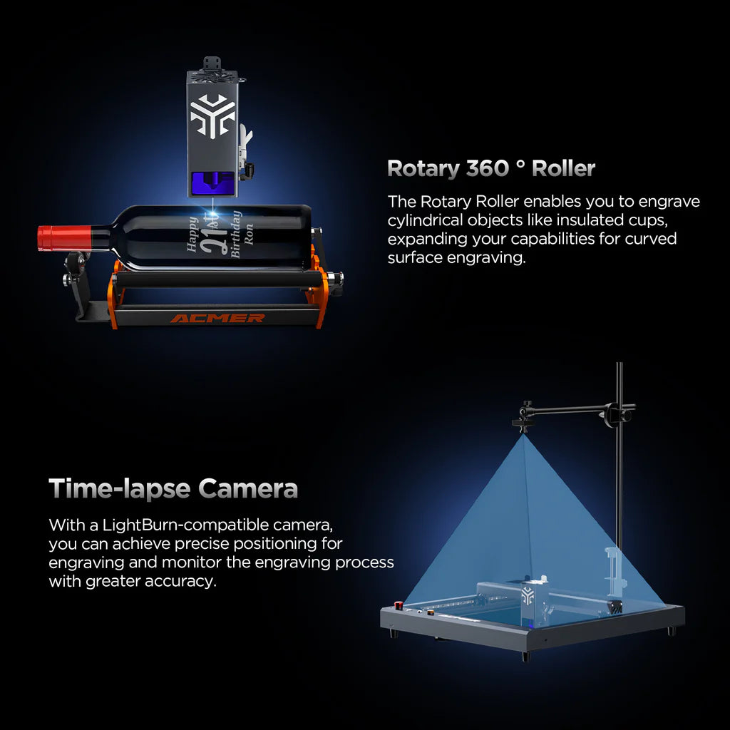 Graveur laser ACMER P2 10W, mise au point fixe, gravure à 30 000 mm/min, assistance pneumatique automatique ultra-silencieuse, précision de gravure de 0,01 mm, contrôle par application iOS Android, pré-assemblé, 420 x 400 mm