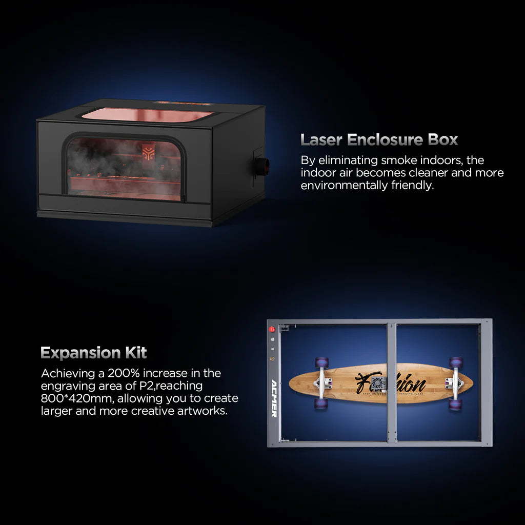 Graveur laser ACMER P2 10W, mise au point fixe, gravure à 30 000 mm/min, assistance pneumatique automatique ultra-silencieuse, précision de gravure de 0,01 mm, contrôle par application iOS Android, pré-assemblé, 420 x 400 mm