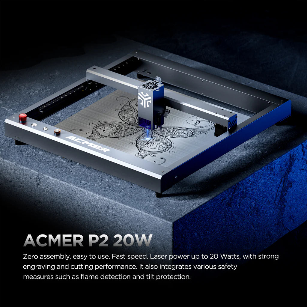 Graveur laser ACMER P2 20 W, mise au point fixe, gravure à 30 000 mm/min, assistance pneumatique automatique ultra silencieuse, précision de gravure de 0,01 mm, contrôle par application iOS Android, pré-assemblé, 420 x 400 mm