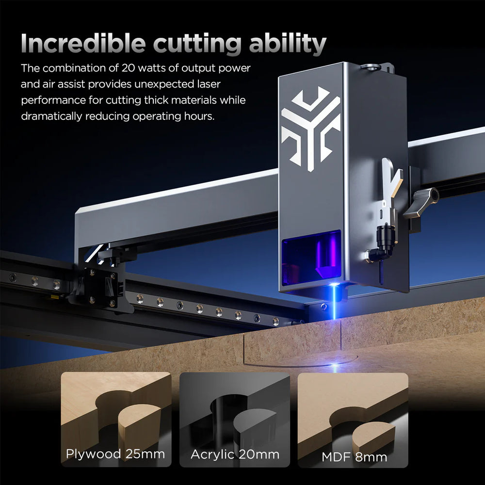 Graveur laser ACMER P2 20 W, mise au point fixe, gravure à 30 000 mm/min, assistance pneumatique automatique ultra silencieuse, précision de gravure de 0,01 mm, contrôle par application iOS Android, pré-assemblé, 420 x 400 mm