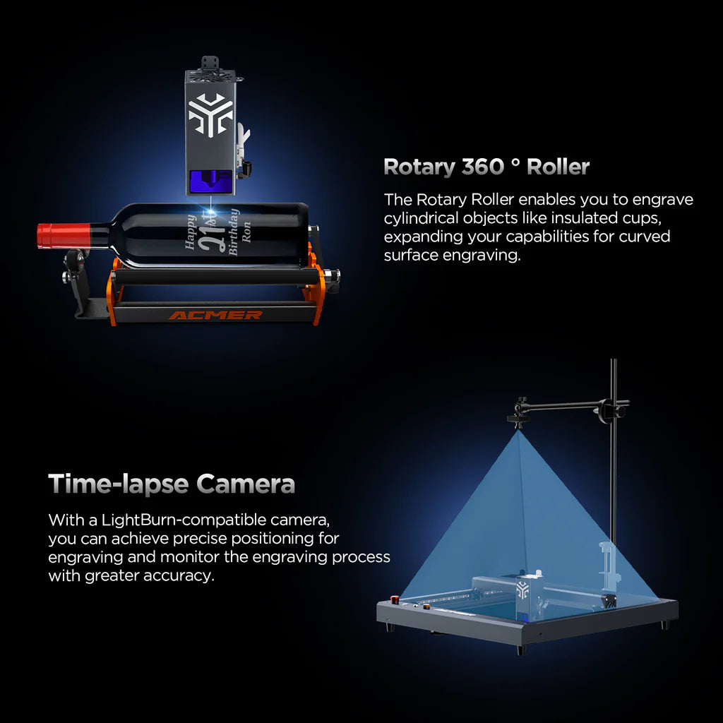 Graveur laser ACMER P2 20 W, mise au point fixe, gravure à 30 000 mm/min, assistance pneumatique automatique ultra silencieuse, précision de gravure de 0,01 mm, contrôle par application iOS Android, pré-assemblé, 420 x 400 mm