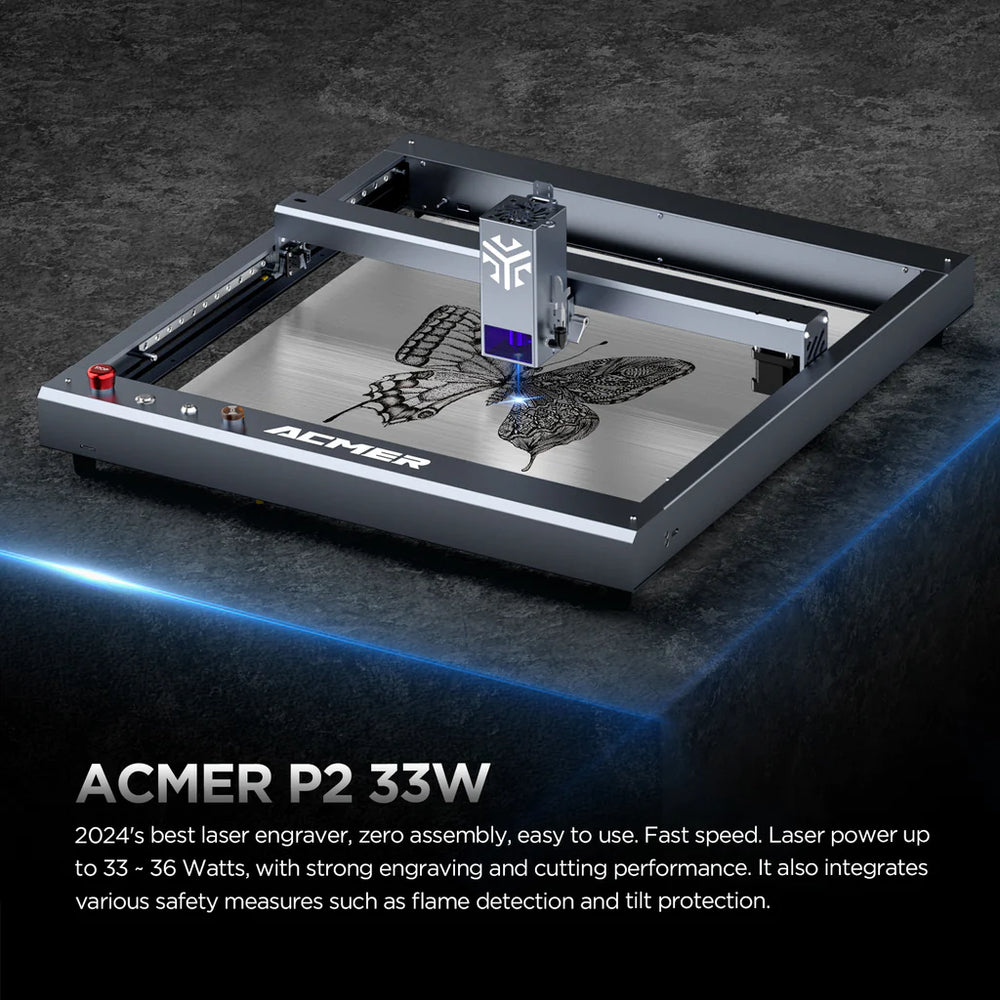 Graveur laser ACMER P2 33 W, mise au point fixe, gravure à 30 000 mm/min, assistance pneumatique automatique ultra silencieuse, précision de gravure de 0,01 mm, contrôle par application iOS Android, pré-assemblé, 420 x 400 mm