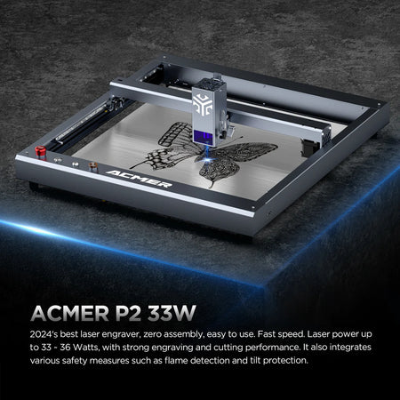 Graveur laser ACMER P2 33 W, mise au point fixe, gravure à 30 000 mm/min, assistance pneumatique automatique ultra silencieuse, précision de gravure de 0,01 mm, contrôle par application iOS Android, pré-assemblé, 420 x 400 mm
