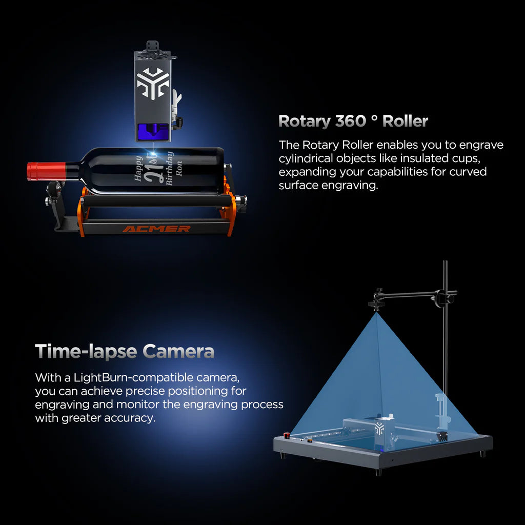Graveur laser ACMER P2 33 W, mise au point fixe, gravure à 30 000 mm/min, assistance pneumatique automatique ultra silencieuse, précision de gravure de 0,01 mm, contrôle par application iOS Android, pré-assemblé, 420 x 400 mm