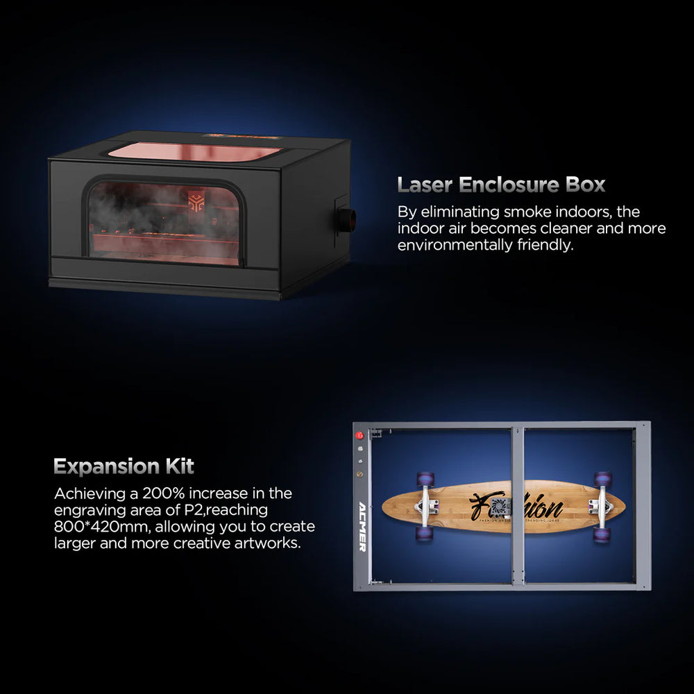 Graveur laser ACMER P2 33 W, mise au point fixe, gravure à 30 000 mm/min, assistance pneumatique automatique ultra silencieuse, précision de gravure de 0,01 mm, contrôle par application iOS Android, pré-assemblé, 420 x 400 mm