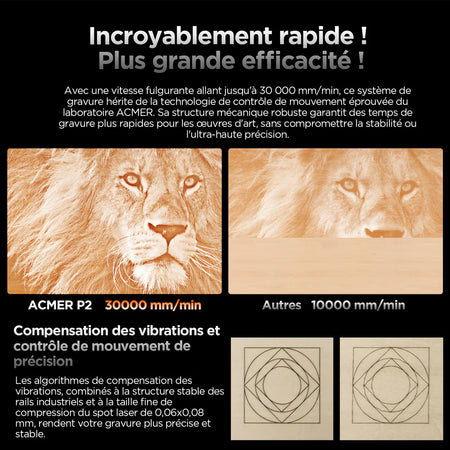 Graveur laser ACMER P2 10W, mise au point fixe, gravure à 30 000 mm/min, assistance pneumatique automatique ultra-silencieuse, précision de gravure de 0,01 mm, contrôle par application iOS Android, pré-assemblé, 420 x 400 mm