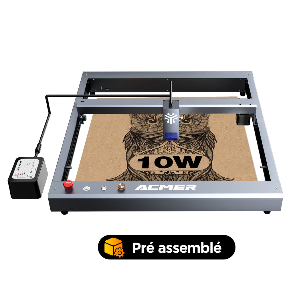 Graveur laser ACMER P2 10W, mise au point fixe, gravure à 30 000 mm/min, assistance pneumatique automatique ultra-silencieuse, précision de gravure de 0,01 mm, contrôle par application iOS Android, pré-assemblé, 420 x 400 mm