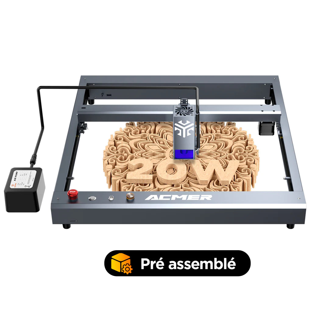 Graveur laser ACMER P2 20 W, mise au point fixe, gravure à 30 000 mm/min, assistance pneumatique automatique ultra silencieuse, précision de gravure de 0,01 mm, contrôle par application iOS Android, pré-assemblé, 420 x 400 mm