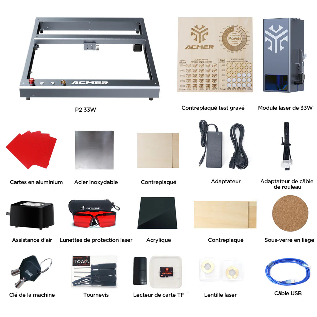 Graveur laser ACMER P2 33 W, mise au point fixe, gravure à 30 000 mm/min, assistance pneumatique automatique ultra silencieuse, précision de gravure de 0,01 mm, contrôle par application iOS Android, pré-assemblé, 420 x 400 mm