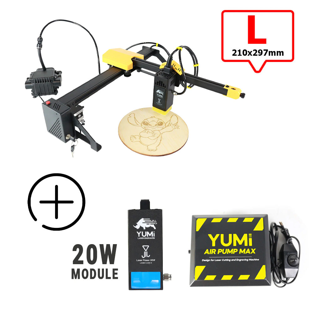 YUMI L-A4 Laser pour gravure et découpe L-A4 ( 210x297mm) 20 Watts +2.5 Watts Pompe à Air (Air Pump Max)