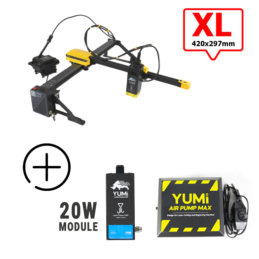 YUMI L-A4 Laser pour gravure et découpe L-A3 (420x297mm) 20 Watts +2.5 Watts Pompe à Air (Air Pump Max)